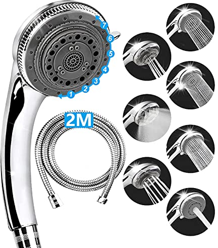 Lucksun - Soffione doccia e tubo flessibile con 7 modalità di regolazione di grandi dimensioni, con soffione doccia ad alta pressione e set di tubi per bagno (2 m)