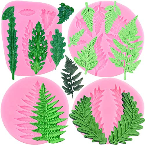 ZiXiang Set di 4 stampi in silicone a forma di foglia di albero, felce, foglie di felce, fondente, decorazioni per torte, cupcake, cioccolato, caramelle, resina, argilla polimerica