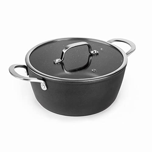 Lacor - 27048 - Cacerola con tapa Easy de Aluminio forjado, Recubrimiento antiadherente TRIcapa, Fondo Full Induction, Asa de Acero Inox, Tapa de Vidrio Templado, Ø 28 x 12,5cm, Negro
