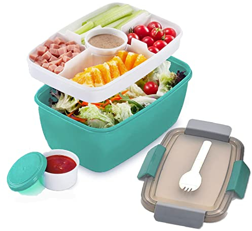 MUJUZE Lunchbox für Erwachsene, 2-stufige Brotdose mit unterteilung fächern,Salatbox to go Nachhaltig Auslaufsiche, BPA frei Bento Box mit Besteck Brotzeitbox für Arbeit/Picknick