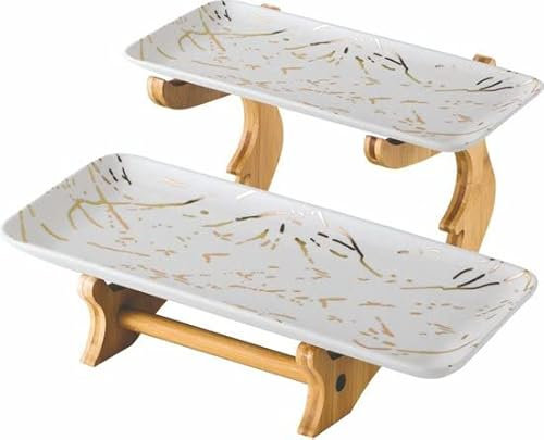Hakal - Porslin Etagere 2 lager Marmordesign – vit