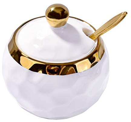 ANUBE Azucarero de cerámica, con forma de golf, azucarero de cerámica con tapa y cuchara dorada para el hogar y la cocina (blanco)