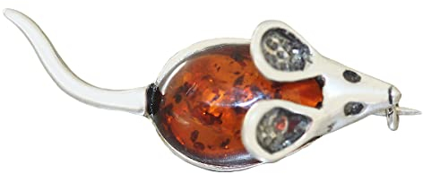 Generisch Brosche Silbe 925 kleine Maus mit Bernstein Cabochon Silbermaus Brosche Hobra-Gold