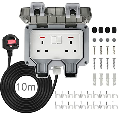 Waterproof Outdoor Sockets with 10 meters Extension Cord, Weatherproof Outdoor Double Plug Sockets, Exterior Wall Garden 2 Gang Storm Switched Socket Outside Power Socket