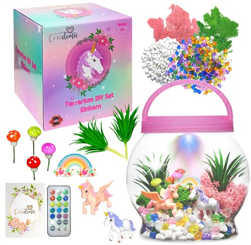 Terrarium Kit Einhorn für Kinder | DIY Bastelset Spielzeug Set mit Nachtlicht Lampe | Junge und Mädchen Geschenke 3 4 5 6 7 8+ Jahre Basteln Kreativ Deko