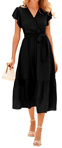 BTFBM Women Summer Bohemian Floral Casual Wrap V Neck Ruffle Cap Sleeveless Belt A-Line Pleated Hem Swing Midi Sun Dress (Solid Black, Large)