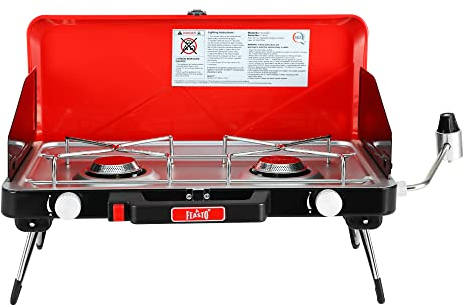 FEASTO Camping Propane Stove, Portable Camping Grill Stove, Push-Button Ignition, Adjustable Windproof Burners, Wind Guards, Folding Legs, 28,000 BTU Camping Stove, Outdoor Camping Cooking, Picnic
