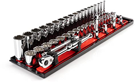 TEKTON 3/8-Zoll-Antrieb 12-kant Stecknuss und Ratschensatz mit Schienen und Ablage, 44-teilig (6-24 mm) | SKT13202