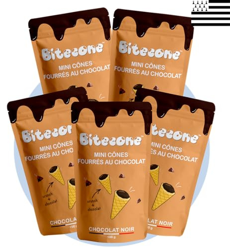 BITECONE - Chocolat Noir | Fin de Cornet de Glace | Mini cones fourrés | Pack de 5 Sachets | Marque 100% française | Fabrication en Bretagne | Snacks avec Cacao Durable | Sans Huile de Palme | 500g