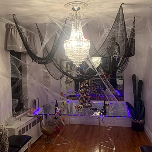 FINVERNEK Tela Negra Espeluznante Decoración de Halloween,Terror Decoración para Gasa Negra 200x100CM y 60g Telarañas, 30 Arañas con 12 Murciélago Falso,Halloween Decoración Interior/Casa Embrujadas