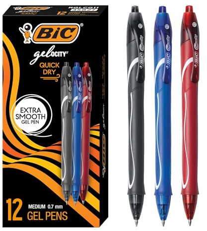 BIC Gelocity Quick Dry Assorted Colors Gel Pens, Medium Point (0.7mm), 12-Count Pack, Retractable Gel Pens With Comfortable Full Grip