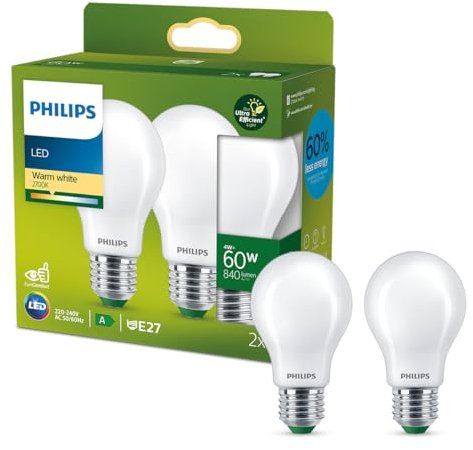 PHILIPS Ultra Efficient - Ultra Energy Saving Lights, LED Light Source, 60W, E27, A60, Frosted Glass, Warm White Light, 2700 Kelvin, Non dimmable, 2-Pack