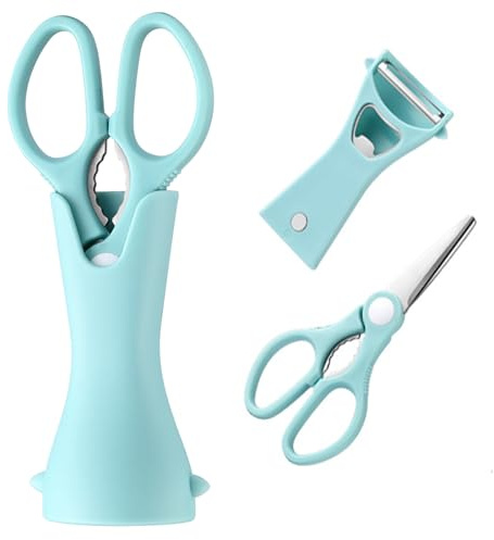 Kitchen Scissors with Magnetic Storage Base Serrated Blade Shears for Foods Comfortable Handle - Bottle Opener Peeler in Scissors Holder