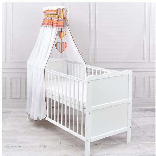 Generisch Baby Delux Babybett Himmel Betthimmel Chiffon Baldachin für Babybett Kinderbett Wiege Stubenwagen Himmelstange Applikationen Herz Deko (Streifen rot, mit Himmelstange)