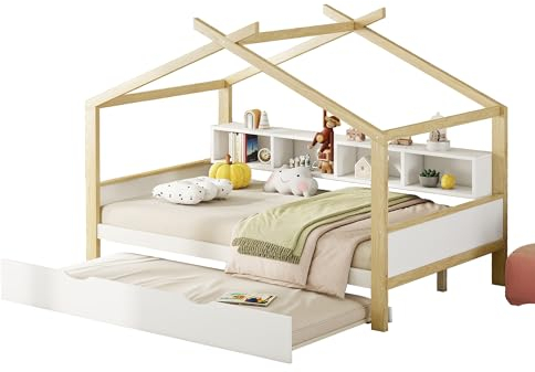 Azkoeesy Kinderbett 140x200 cm mit Ausziehbett & 4 Staufächern - Weißes Kiefernholz-Doppelbett für 3 Personen | Hausbett Gästebett Jugendbett mit Lattenrost & Stauraum‌