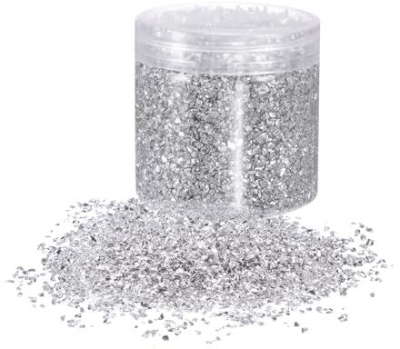 sourcing map 305g Crushed Glass Chips 3-6mm Shiny Electroplating Irregular Broken Sprinkles Chunky Glass for Crafts DIY Resin Art Decoration Vase Filler, Silver Tone