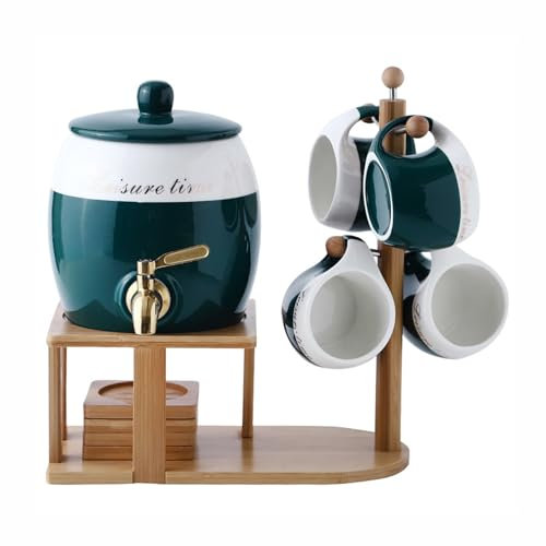Porcelana Cerámica Crock Dispensador de Agua, Botella de Agua Blanca Fría de Zumo de Limón Resistente A Altas Temperaturas, 4 Vasos y Soporte de Madera, Grifo de Acero Inoxidable, Suministros de La Fi