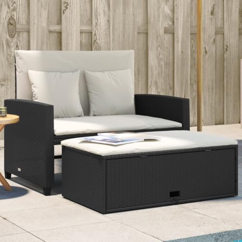 IKAYAA Gartensofa Ausziehbar mit Stauraum Liegefunktion Rattan Sofa 2 Sitzer Lounge Sofa Outdoor Kleines Balkon Sofa Bank Balkonmöbel Rattansofa Sitzbank Balkon Lounge Gartenbank