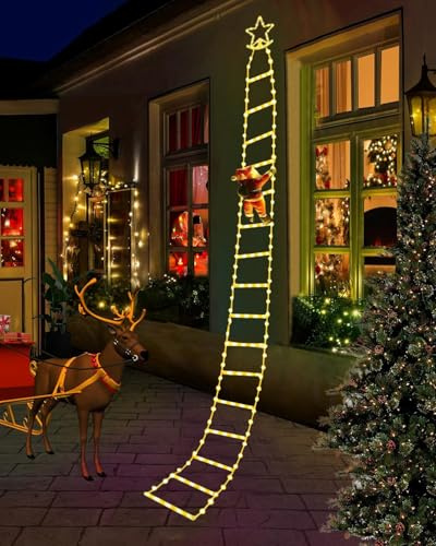 10ft LED Christmas Lights, Christmas Decorations Ladder Light with Santa Claus Indoor Outdoor, Window Lights, Garden Xmas Tree Light,8 Lighting Modes,USB Control-Warm White with Star