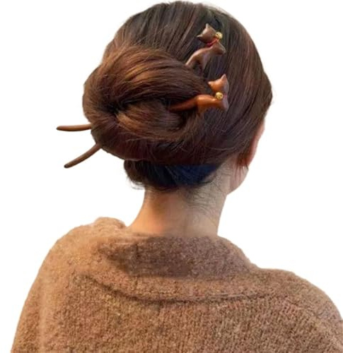 Haarspange mit Katzenmotiv, aus Holz, mit Glöckchen, Haarschmuck, Haarnadel