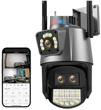 Telecamera di Sorveglianza, Telecamera IP PTZ 4K 9MP HD Zoom 8X for esterni Telecamera Wi-Fi a doppio schermo a tre obiettivi Telecamera Wi-Fi da 6MP Video sorveglianza allarme luce polizia ,Telecamer