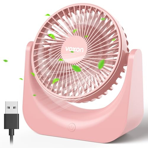 VOXON Small to Medium Pink Table Fan with 5 Speeds, USB-A Powered, 90° Vertical Rotation, Easy to Clean, Quiet (50 dB), Indoor Use, 5.5-Inch, 17 * 16 * 6 cm, 217g