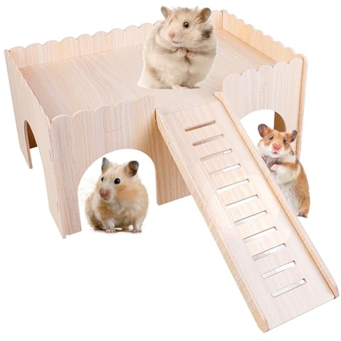 Behogan Hamster Haus Holz, GroßMeerschweinchen-Schloss aus Holz, 4-Eingangshaus mit Rampe und Zubehör (38 x 24 x 18 cm)