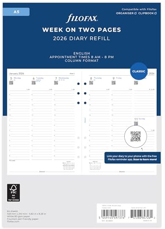 Filofax A5 Woche auf zwei Seiten Spaltenformat Englisch 2026 Terminplaner 26-68521