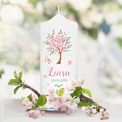 Wandtattoo Loft Taufkerze Mädchen personalisierte Patenkerze, Motiv Baum mit Blüten, 18cm x 7cm, personalisierte Kerze, bedruckte Kerze Taufe, Stumpenkerze, individuelles Taufgeschenk