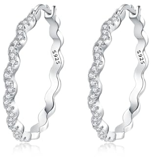 CYMYSS Örhängen Silver 925 Zirkonia Örhängen Sterling Silver Örhängen Damörhängen Creoler Dam 925 Äkta Silver Creoler Örhängen För Kvinnor Silverörhängen (Glittrande vågor)