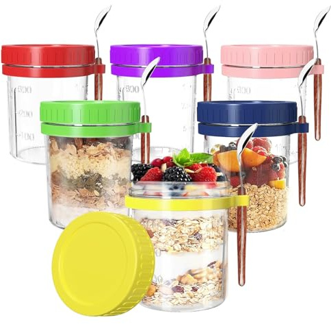 Newthinking Glass Overnight Oats Jars with Lid and Spoon, 16OZ Leak-proof Airtight Oatmeal Container with Measurement Marks for Overnight Oats Puddings, Cereal, Fruit Salad, 6 Pack