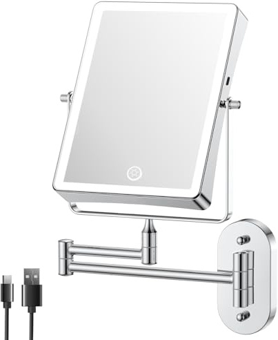 FASCINATE Specchio cosmetico ricaricabile con ingrandimento 1X/10X, 3 luci dimmerabili, touch screen, girevole 360°, montaggio a parete, specchio per il trucco