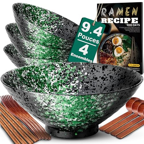 9.4Zoll Keramik Ramen Schüssel 4 Set(17Teilig) - Japanisches Porzellan Geschirr mit Gabel Essstäbchen Löffel und Rezepte Spülmaschinenfest für Nudeln Suppen Getreide Salate Geschenke für neuen Häusern