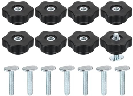 sourcing map 8 Set t Track Knob Kit with Star Knobs and 1/4-20 x 1-1/4 t Slot Bolts, t Slot Drop-in Sliding Bolts Accessories for Woodworking Jigs and Fixtures, Silver