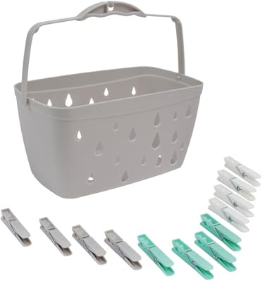 JVL Plastic Peg Basket, Grey with 36 Strong Hold Plastic Pegs, Aqua