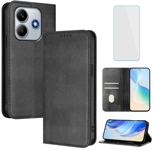 OUEAYIEN Funda para Xiaomi Redmi Note 14 4G Tapa Libro Negro | con Protector Pantalla,RFID,Cuero Carcasa Cartera,Ranuras Tarjetas,Soporte Plegable,Vintage móvil Funda Redmi Note14 4G
