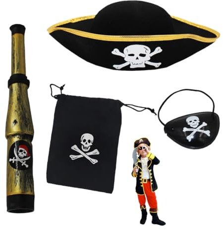OIXYEY 4 Stück Piraten Zubehör Sätze For Erwachsene Kinder, Augenklappe Pirat, Piratenkostüm Kinder, Piraten Fernrohr Kinder Piratenhut Captain Accessories Bandana Kostüm Für Karneval Cosplay