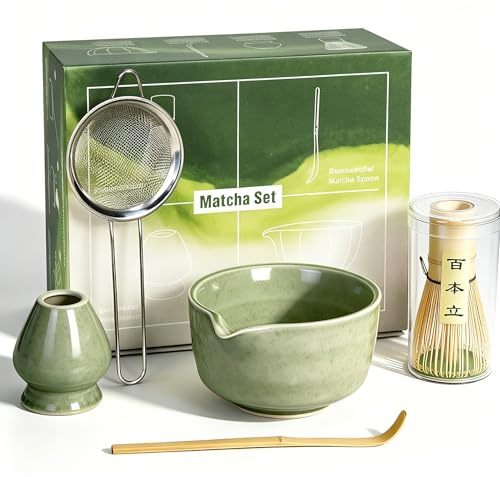 Alsonerbay 5PCS Japanese Matcha Whisk Set with Ceramic Bowl & Chasen | Traditional green matcha set includes handcrafted bamboo chasen, ceramic bowl, scoop, sifter & holder. Perfect tea gift