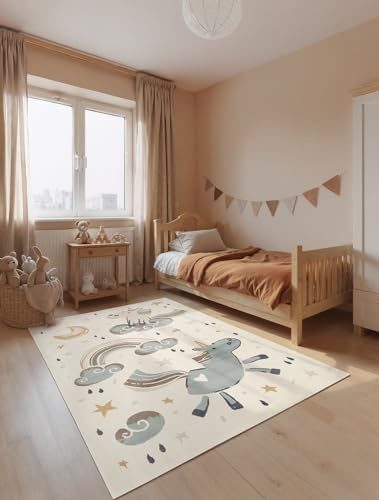 Hanse Home Adventures Kinderteppich Einhorn - Kinderzimmerteppich Regenbogen, Mond Sterne Motiv, Spielteppich, Junge, Mädchen, Teppich Kinderzimmer, Wohnzimmer - Creme Mulitfarben, 120x170 cm