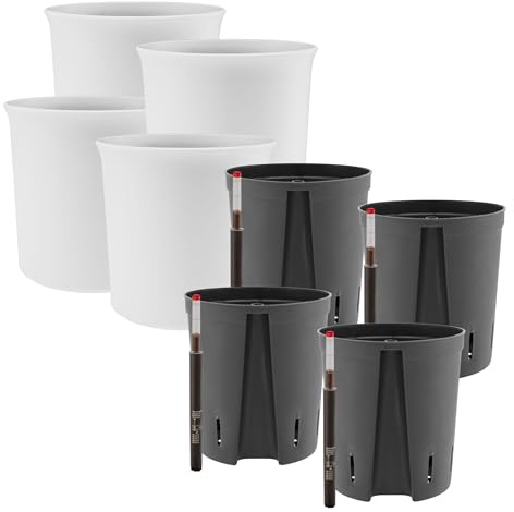 Leni Atlas Hydrokultur-Set Blumentopf Ø 20,7 cm Höhe 20 cm Weiß 4er-Pack | mit Kulturtopf und Gießanzeige, Übertopf, Pflanztopf aus Kunststoff matt