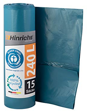 Hinrichs Sacchi Spazzatura Heavy Duty 240 L - 100x125 cm - Rotolo da 15 - Sacchi Spazzatura LDPE Riciclato - Sacchi Blu