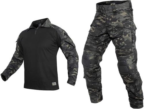 YEVHEV Traje táctico para hombre, camisa y pantalón con rodilleras y coderas, para actividades al aire libre, sin cinturón, Dark CP, Hemd:XL Hose:38