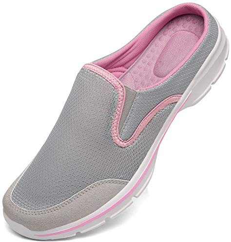 Unisex Slippers Casual Clog House Shoes Comfort Slip-On Walking Mules with Indoor Outdoor Anti-Skid Sole for Men and Women, Grey Pink, 4 UK