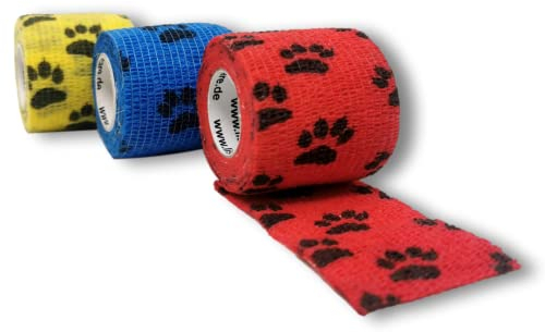 LisaCare Verband selbstklebend & elastische Binde 5cmx4,5m - Selbstklebender Verband, Haftbandage Selbstklebend, Haftbandage selbstklebend für Mensch & Tier (3er-Set bunte Pfoten)