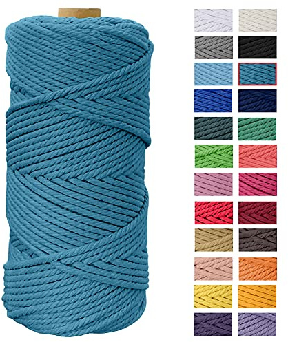 Macrame Cord 4mm x 109 Yards, JeogYong Thick Natural Cotton Cord Yarn Thread, 4-Strand Twisted Spool Twine String Cotton Rope for DIY Crafts, Wall Hangings, Plant Hangers, Home Decorations (Lake blue)