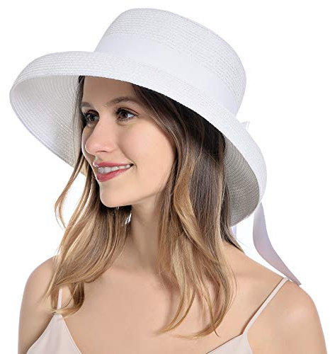 Muryobao Womens Sun Straw Hat Summer UV Protection Travel Foldable Brim Bucket Hat Vintage Cloche Beach Fishing Cap, White, One Size