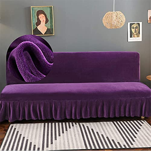 GEBIN Sofabezug Ohne Armlehnen Mit Rüschenrock, Samt Armloser Sofaüberwurf, Schlafsofa Schonbezug Stretchhusse Abdeckung Waschbar Antirutsch Für Schlafsofa Ohne Armlehnen (Violett,L)