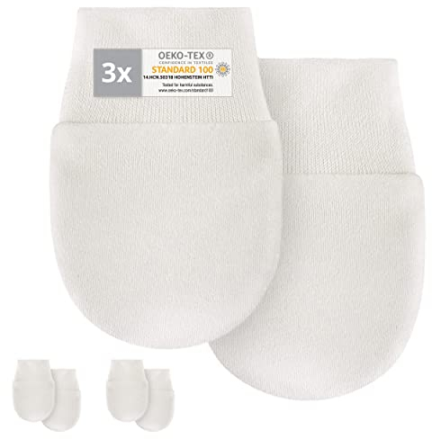LaLoona Kratzfäustlinge/Kratzhandschuhe Set mit elastischem Bund - 3 Paar Baby Handschuhe gegen Kratzen, 100% Baumwolle, OEKO-TEX® Standard 100 geprüft - Weiß