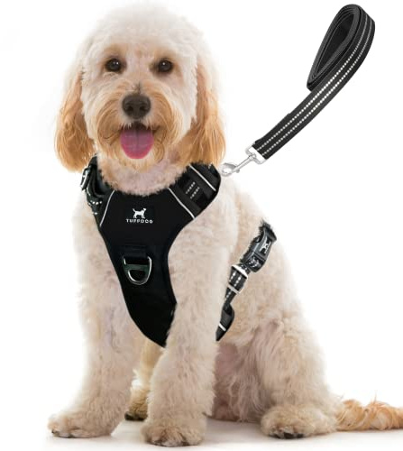 TUFFDOG Easy-Fit Dog Harness Medium - Fast Release Neck Clip, Premium Padded Reflective No Pull Harness with Control Handle, Adjustable Step-in Dog Vest Plus Free Matching Lead (M, Raven Black)