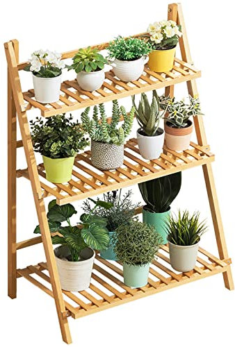 LIGUOYI Pflanzentreppe Blumentreppe Aus Bambus, Blumentopf Ständer Klappbar, Blumenregal Mit 3 Stufen, PflanztopfDeko Pflanzgefäß Display Regal Für Innen Außen Wohnzimmer Garten